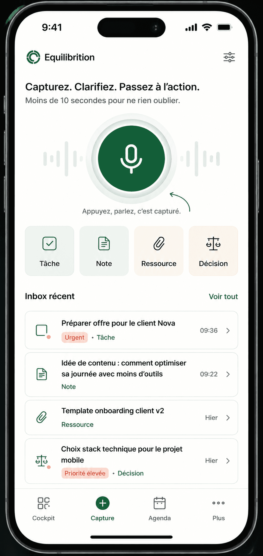 Capture mobile Equilibrition pour enregistrer rapidement une idée, une tâche, une ressource ou une décision