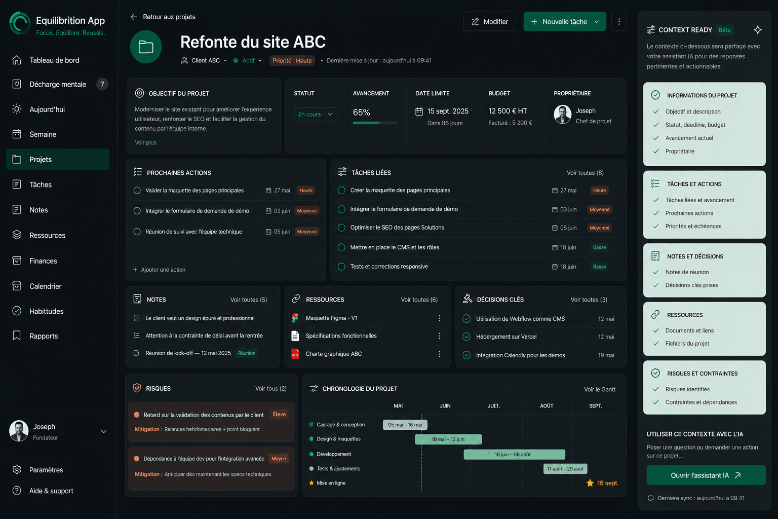 Vue projets Equilibrition — tâches, contexte et prochaines actions