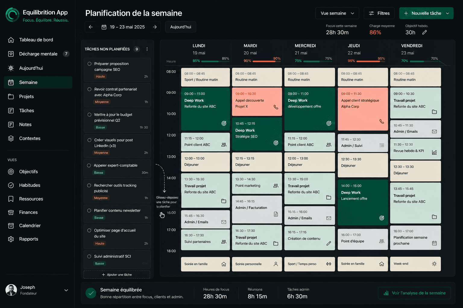 Time blocking Equilibrition — planification semaine et synchronisation calendrier